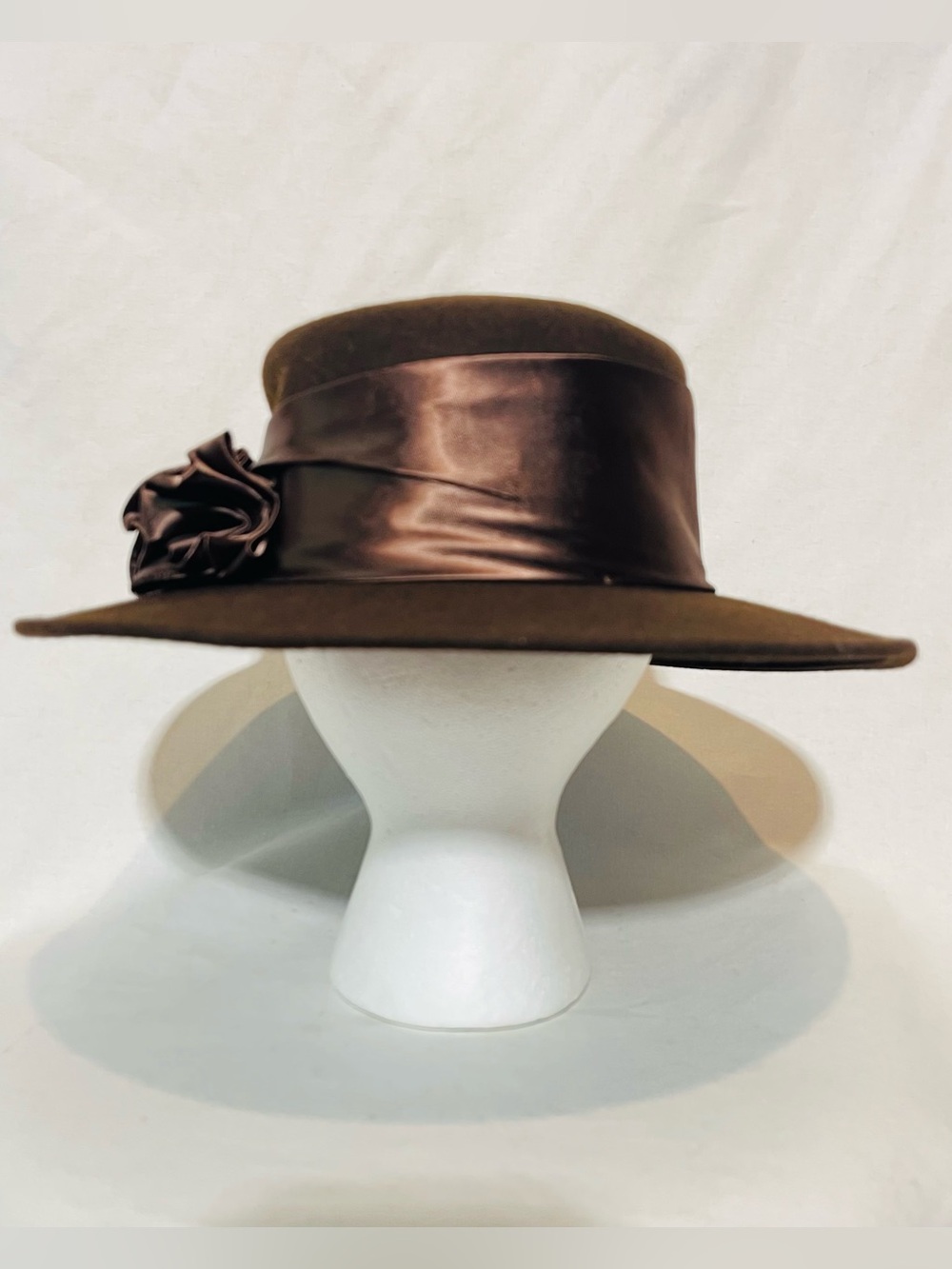 Amanda Smith Brown Wide-Brim Fedora with Satin Band and Rosette
